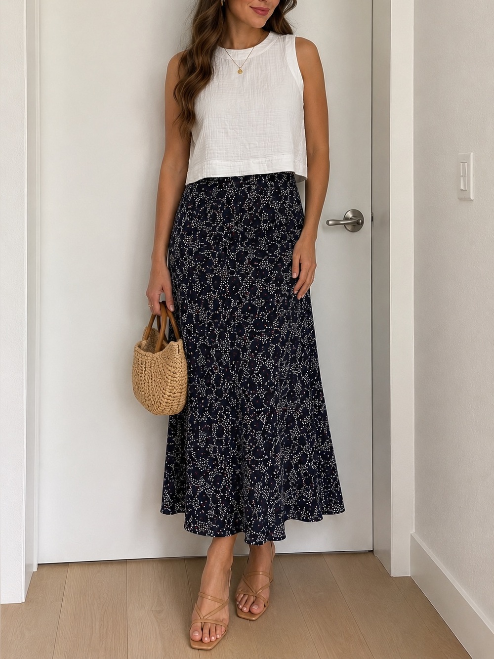Banana Republic blue Maxi Skirt with White and Red Dot Print